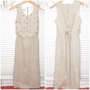 VTG Byer Too! Vintage Linen Dress Cottagecore 90’s Embroidered Floral Vest Midi